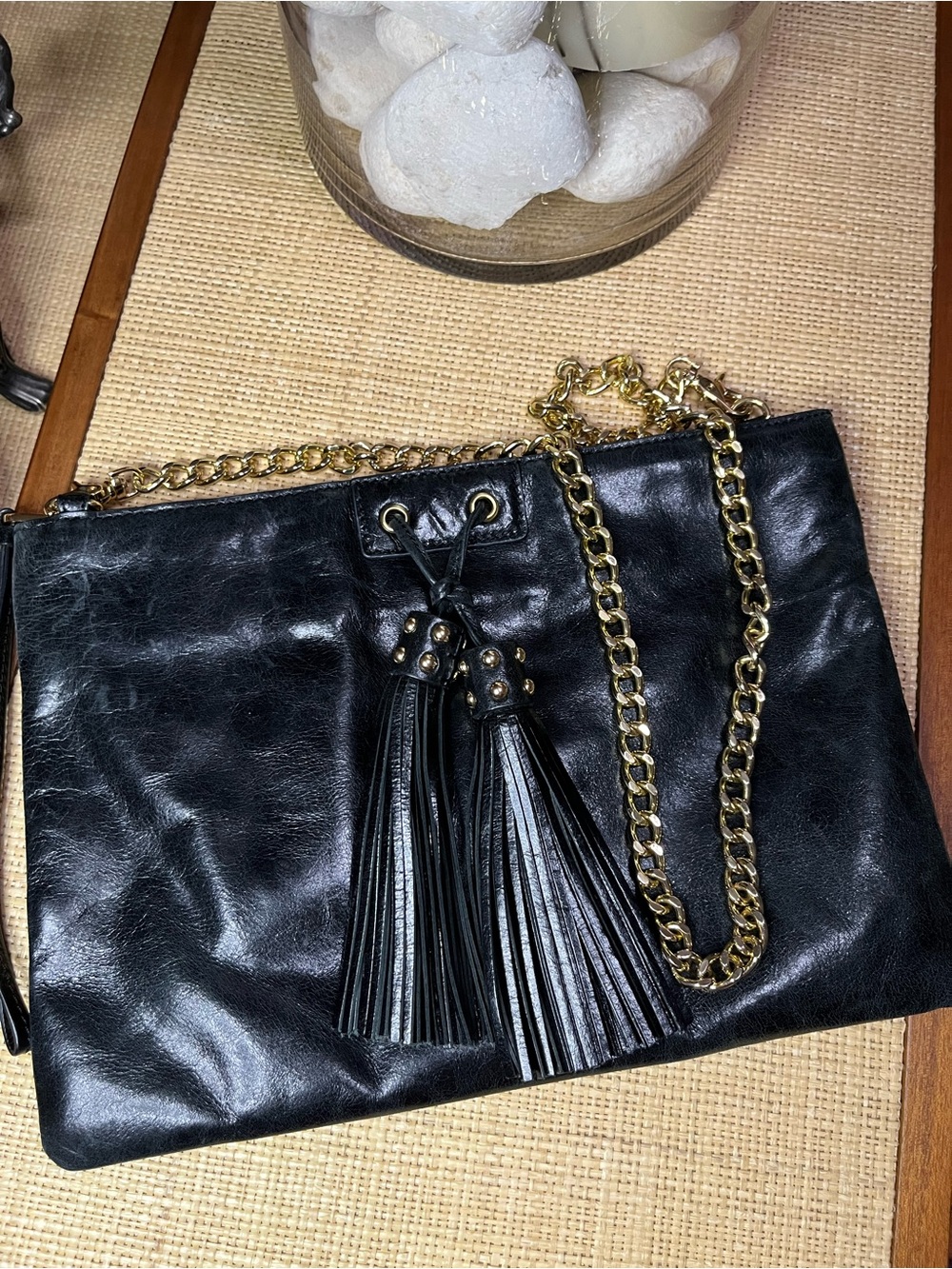 Badgley Mischka Black Leather Envelope Clutch Shoulder‎ Bag